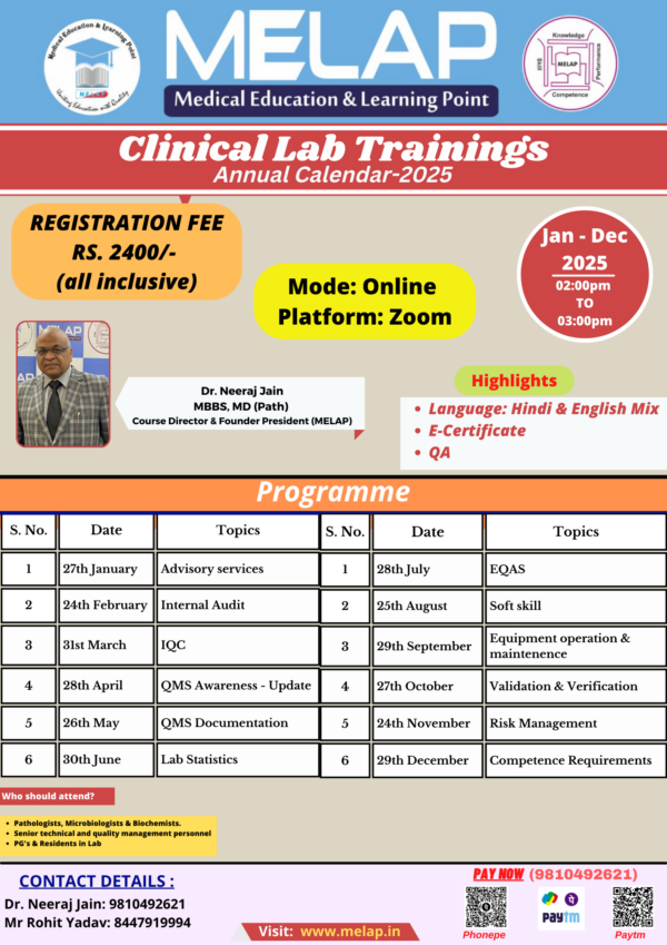 Clinical Lab Trainings, Annual Calendar 2025 Jan-Dec